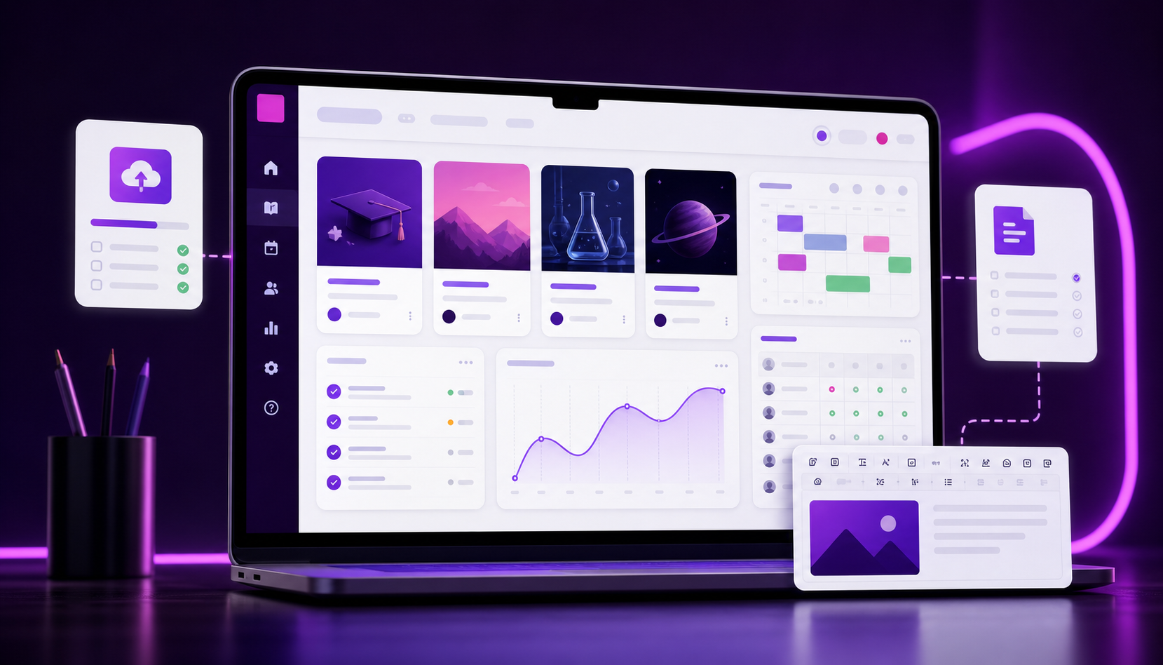 Purple LMS dashboard mockup on a laptop with course cards, content panels, charts, and editing controls